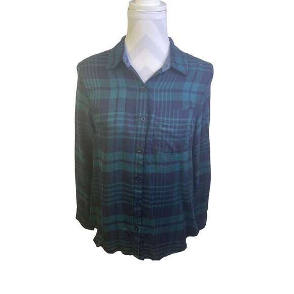 Papermoon Womens Green & Navy Plaid Button-Up Long Sleeve Shirt S - Picture 2 of 8